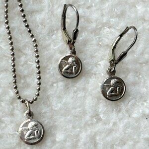 Set of Sterling Silver Necklace & Earrings with Embossed Cherubs
